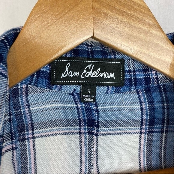 Sam Edelman Blue & White Plaid Gingham Long Sleeve Button Up Zip Shoulder Top S - Picture 7 of 7